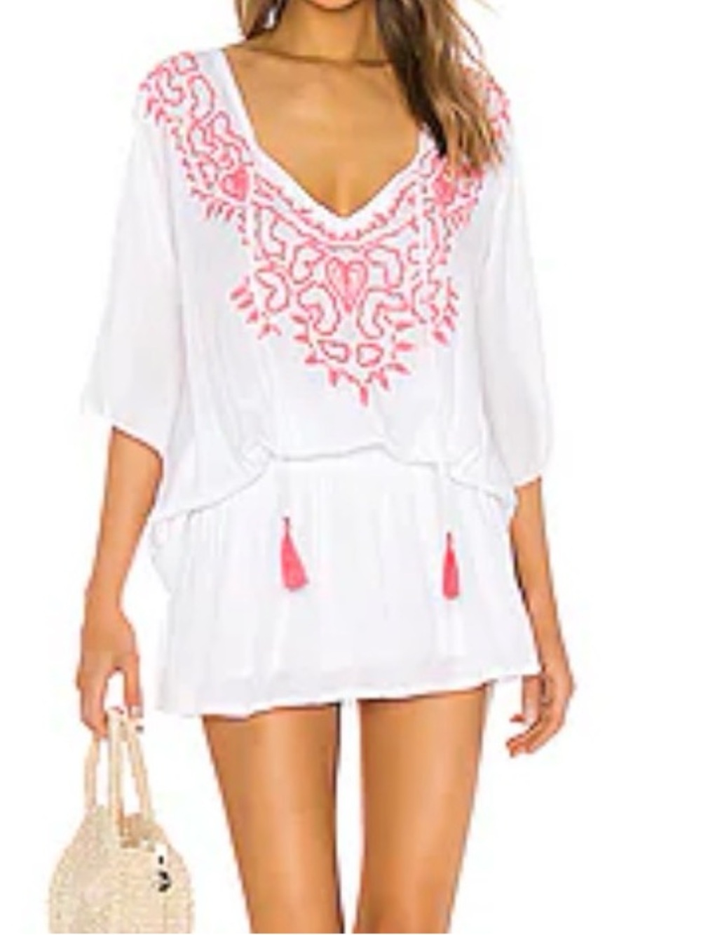 TIARE HAWAII WHITE PINK EMBROIDERY MARGARITA MINI DRESS COVER UP M/L NWT